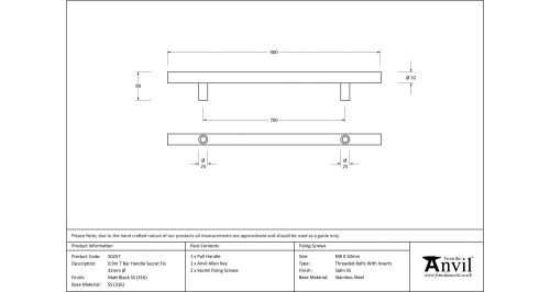 Click Here To Enlarge This Photo Of 50257 From The Anvil Matt Black SS (316) 900mm T Bar Handle Secret Fix 32mm dia.
