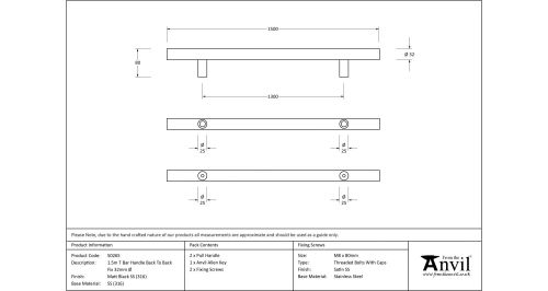 Click Here To Enlarge This Photo Of 50265 From The Anvil Matt Black SS (316) 1500mm T Bar Handle B2B Fix 32mm dia.