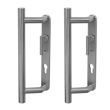 Click Here To Enlarge This Photo Of BLU Performance Patio Door Handle, Back to back handles, Euro cut-out backplates & levers, G316 Satin Stainless Steel (KM920B-SSS)