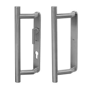 Click Here To Enlarge This Photo Of BLU Performance Patio Door Handle, Back to back handles, Euro cut-out internal backplate & lever, Blank external backplate, G316 Satin Stainless Steel (KM950B-SSS)