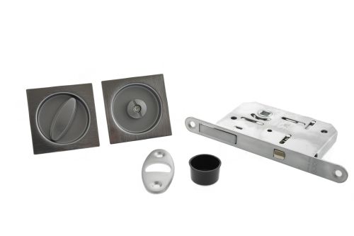 Click Here To Enlarge This Photo Of B046515034 - AGB Sliding Door Bathroom Lock Set with Square Flush Handle - Satin Chrome