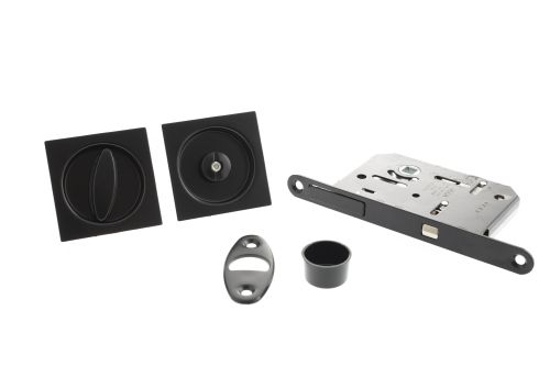 Click Here To Enlarge This Photo Of B046515093 - AGB Sliding Door Bathroom Lock Set with Square Flush Handle - Matt Black