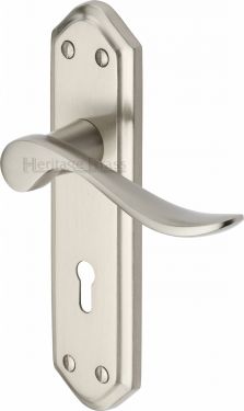 Click Here To Enlarge This Photo Of SAN1400-SN Heritage Brass Door Handle Lever Lock Sandown Design Satin Nickel Finish