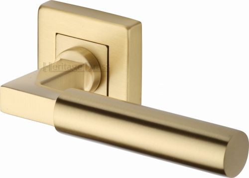 Click Here To Enlarge This Photo Of SQ1926-SB Heritage Brass Door Handle Lever on Rose Bauhaus Sq Design Satin Brass Finish
