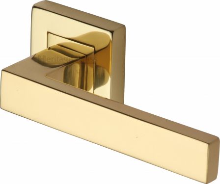 Click Here To Enlarge This Photo Of SQ5420-PB Heritage Brass Door Handle Lever Latch on Square Rose Delta Sq Design Polished Brass Finish