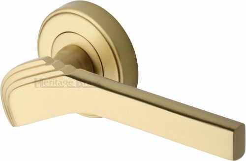 Click Here To Enlarge This Photo Of TIF1926-SB Heritage Brass Door Handle Lever on Rose Tiffany Design Satin Brass Finish