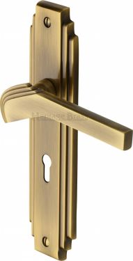 Click Here To Enlarge This Photo Of TIF5200-AT Heritage Brass Door Handle Lever Lock Tiffany Design Antique Brass Finish