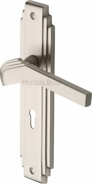 Click Here To Enlarge This Photo Of TIF5200-SN Heritage Brass Door Handle Lever Lock Tiffany Design Satin Nickel Finish