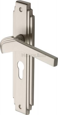 Click Here To Enlarge This Photo Of TIF5248-SN Heritage Brass Door Handle Euro Profile Plate Tiffany Design Satin Nickel Finish