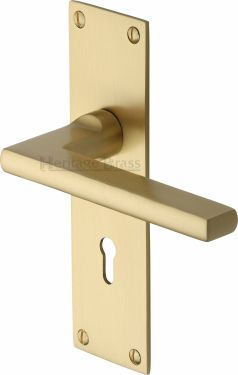Click Here To Enlarge This Photo Of TRI1300-SB Heritage Brass Door Handle Lever Lock Trident Design Satin Brass Finish
