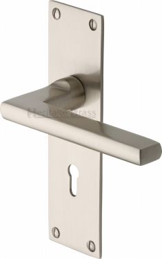 Click Here To Enlarge This Photo Of TRI1300-SN Heritage Brass Door Handle Lever Lock Trident Design Satin Nickel Finish