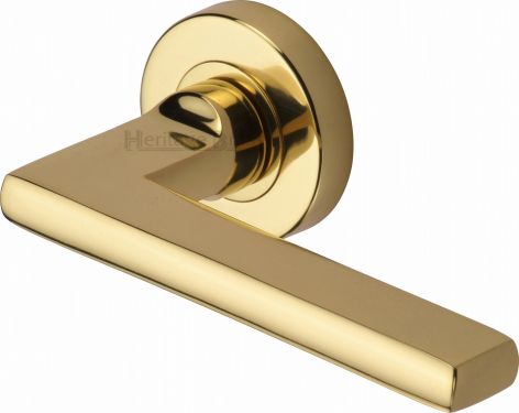 Click Here To Enlarge This Photo Of TRI1352-PB Heritage Brass Door Handle Lever Latch on Round Rose Trident Design Polished Brass Finish
