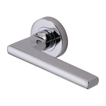 Click Here To Enlarge This Photo Of TRI1352-PC Heritage Brass Door Handle Lever Latch on Round Rose Trident Design Polished Chrome Finish