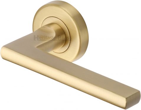 Click Here To Enlarge This Photo Of TRI1352-SB Heritage Brass Door Handle Lever Latch on Round Rose Trident Design Satin Brass Finish