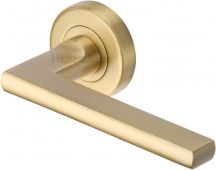 TRI1352-SB Heritage Brass Door Handle Lever Latch on Round Rose Trident Design Satin Brass Finish