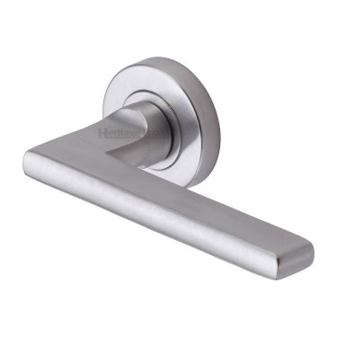 Click Here To Enlarge This Photo Of TRI1352-SC Heritage Brass Door Handle Lever Latch on Round Rose Trident Design Satin Chrome Finish