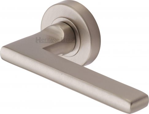 Click Here To Enlarge This Photo Of TRI1352-SN Heritage Brass Door Handle Lever Latch on Round Rose Trident Design Satin Nickel Finish