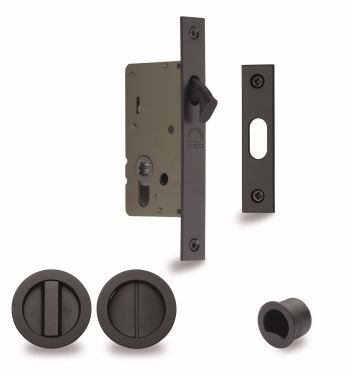 Click Here To Enlarge This Photo Of RD2308-50-BLK Heritage Brass Sliding Door Lock c/w Round Privacy Turns Matt Black (50mm backset)