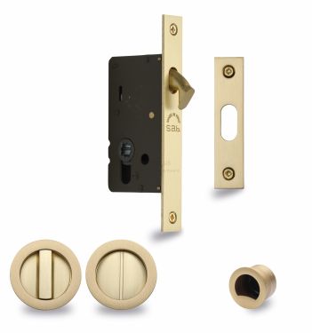 Click Here To Enlarge This Photo Of RD2308-50-SB Heritage Brass Sliding Door Lock c/w Round Privacy Turns Satin Brass (50mm backset)