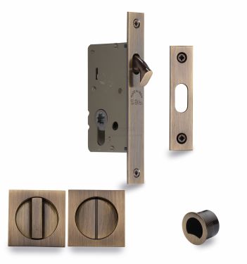 Click Here To Enlarge This Photo Of SQ2308-50-AT Heritage Brass Sliding Door Lock c/w Square Privacy Turns Antique Brass (50mm backset)