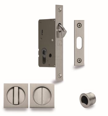 Click Here To Enlarge This Photo Of SQ2308-50-SN Heritage Brass Sliding Door Lock c/w Square Privacy Turns Satin Nickel (50mm backset)
