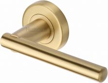V1001-SB Heritage Brass Door Handle Lever on Rose Challenger Design Satin Brass Finish