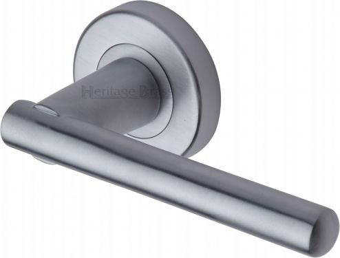 Click Here To Enlarge This Photo Of V1001-SC Heritage Brass Door Handle Lever Latch on Round Rose Challenger Design Satin Chrome Finish