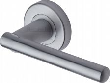 V1001-SC Heritage Brass Door Handle Lever Latch on Round Rose Challenger Design Satin Chrome Finish
