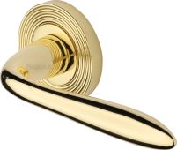 RR1752-PB Heritage Brass Door Handle Lever Latch on Round Rose Sutton Reeded Design Polished Brass finish