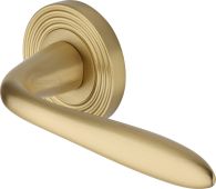 RR1752-SB Heritage Brass Door Handle Lever Latch on Round Rose Sutton Reeded Design Satin Brass finish