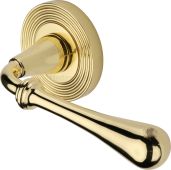 RR7156-PB Heritage Brass Door Handle Lever Latch on Round Rose Roma Reeded Design Polished Brass finish