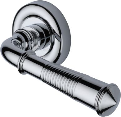 Click Here To Enlarge This Photo Of V1936-PB Heritage Brass Door Handle Lever Latch on Round Rose Colonial Reeded Design Polished Brass finish