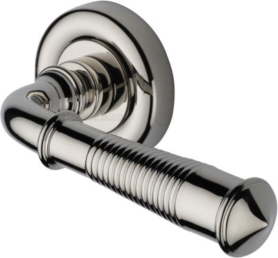 Click Here To Enlarge This Photo Of V1936-PNF Heritage Brass Door Handle Lever Latch on Round Rose Colonial Reeded Design Polished Nickel finish