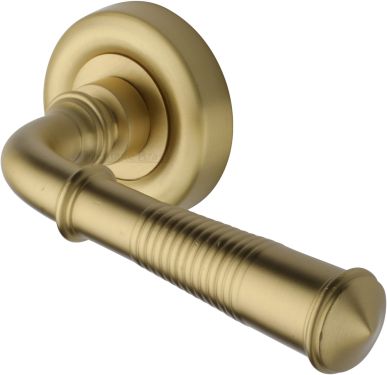 Click Here To Enlarge This Photo Of V1936-SB Heritage Brass Door Handle Lever Latch on Round Rose Colonial Reeded Design Satin Brass finish