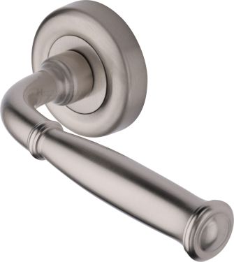 Click Here To Enlarge This Photo Of V1938-SN Heritage Brass Door Handle Lever Latch on Round Rose Lincoln Design Satin Nickel finish
