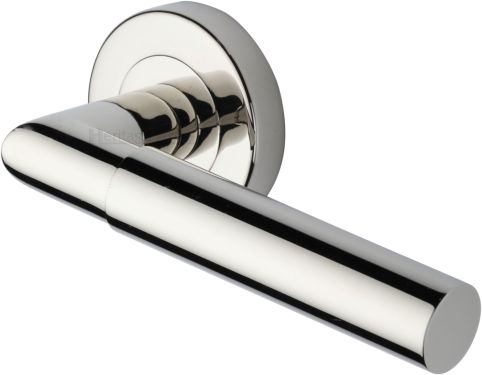 Click Here To Enlarge This Photo Of V2270-PNF Heritage Brass Door Handle Lever Latch on Round Rose Bauhaus Mitre Design Polished Nickel finish
