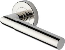 V2270-PNF Heritage Brass Door Handle Lever Latch on Round Rose Bauhaus Mitre Design Polished Nickel finish