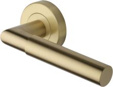 V2270-SB Heritage Brass Door Handle Lever Latch on Round Rose Bauhaus Mitre Design Satin Brass finish