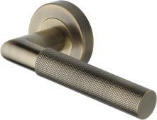 V2272-AT Heritage Brass Door Handle Lever Latch on Round Rose Bauhaus Mitre Knurled Design Antique Brass finish