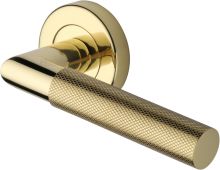 V2272-PB Heritage Brass Door Handle Lever Latch on Round Rose Bauhaus Mitre Knurled Design Polished Brass finish