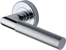 V2272-PC Heritage Brass Door Handle Lever Latch on Round Rose Bauhaus Mitre Knurled Design Polished Chrome finish