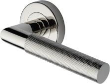V2272-PNF Heritage Brass Door Handle Lever Latch on Round Rose Bauhaus Mitre Knurled Design Polished Nickel finish
