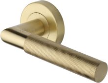 V2272-SB Heritage Brass Door Handle Lever Latch on Round Rose Bauhaus Mitre Knurled Design Satin Brass finish