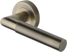 V2274-AT Heritage Brass Door Handle Lever Latch on Round Rose Bauhaus Mitre Reeded Design Antique Brass finish