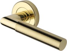 V2274-PB Heritage Brass Door Handle Lever Latch on Round Rose Bauhaus Mitre Reeded Design Polished Brass finish