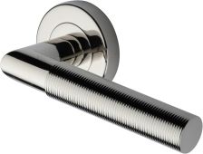 V2274-PNF Heritage Brass Door Handle Lever Latch on Round Rose Bauhaus Mitre Reeded Design Polished Nickel finish