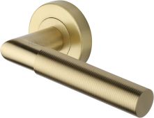 V2274-SB Heritage Brass Door Handle Lever Latch on Round Rose Bauhaus Mitre Reeded Design Satin Brass finish