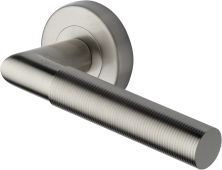 V2274-SN Heritage Brass Door Handle Lever Latch on Round Rose Bauhaus Mitre Reeded Design Satin Nickel finish