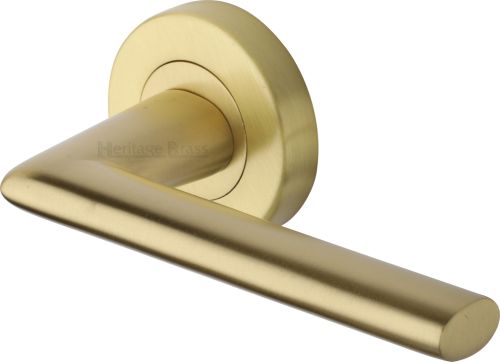Click Here To Enlarge This Photo Of V2355-SB Heritage Brass Door Handle Lever Latch on Round Rose Admiralty Design Satin Brass finish