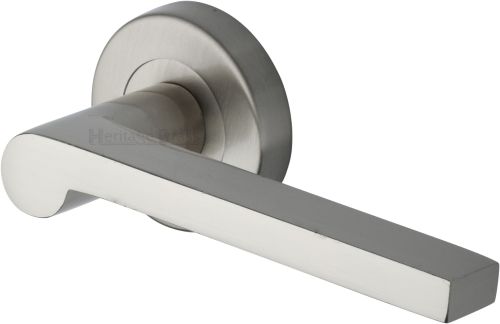Click Here To Enlarge This Photo Of V6225-SN Heritage Brass Door Handle Lever Latch on Round Rose Metro Mid Century Design Satin Nickel finish